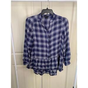 Lane Bryant blue and white plaid button shirt with ruffles